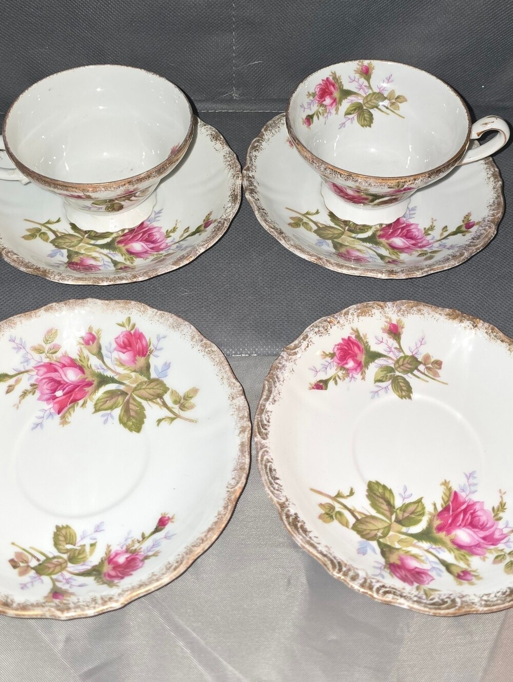 VTG 1950s Japanese Fine Bone China Porcelain Tea Cups & Saucers Pink Roses Gold